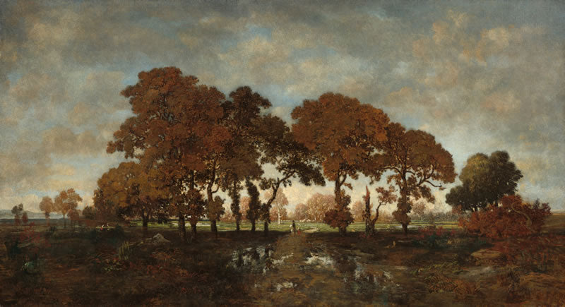 Painting of a landscape with trees and a cloudy sky