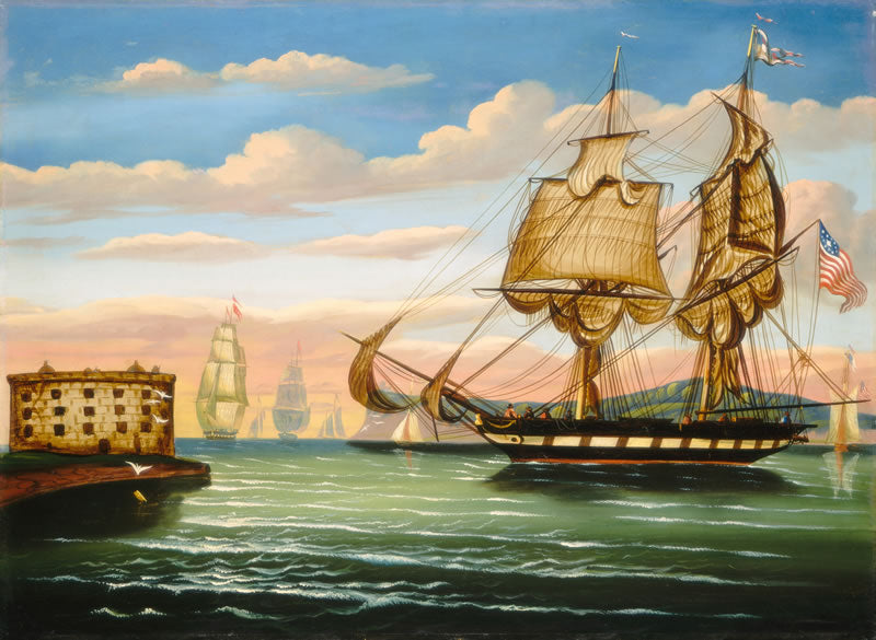 Painting of a large sailing ship on the water with a fort in the background