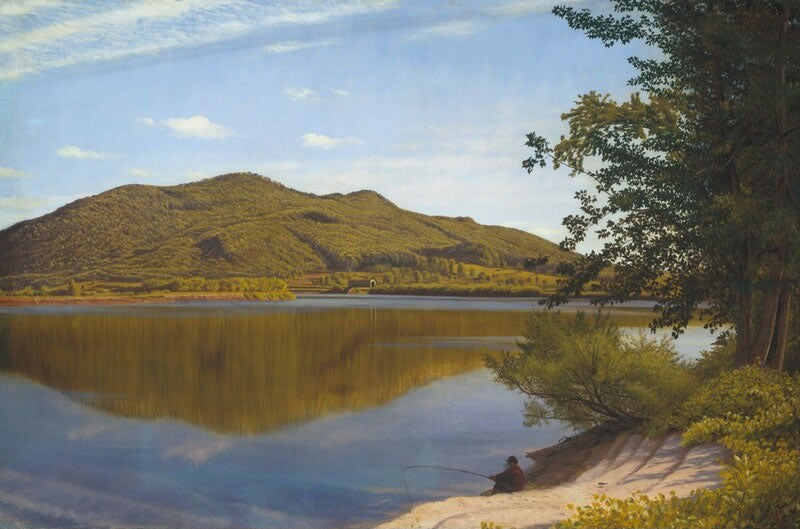 Landscape with a lake, mountains, and a person fishing on the shore.