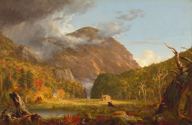 Landscape painting of a mountainous area with trees and a lake.