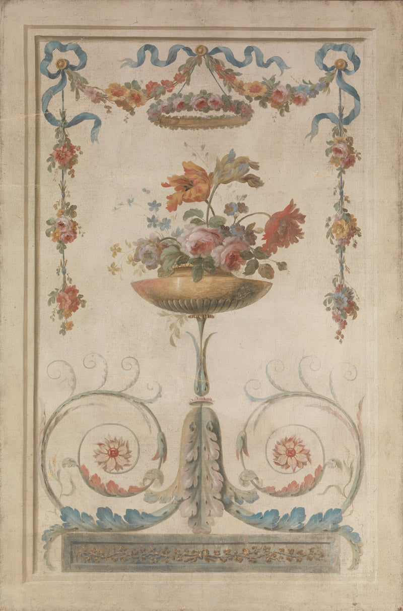 Vase of Flowers Resting on Foliate Scrolls