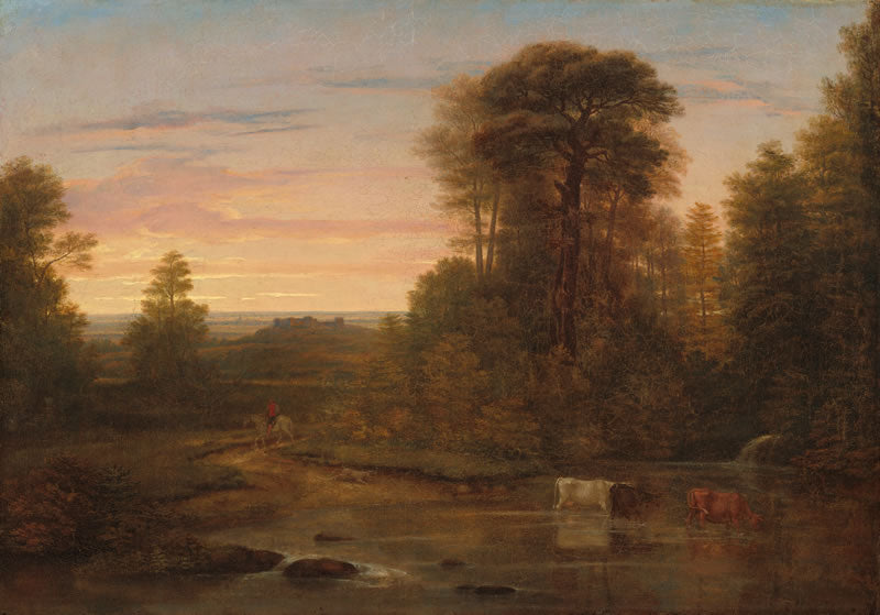 Landscape painting of a river with trees and animals at sunset.