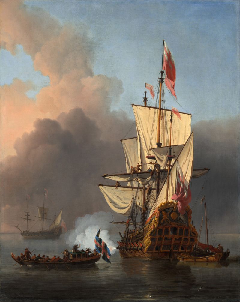 Painting of a large ship with smoke and smaller boats in the foreground