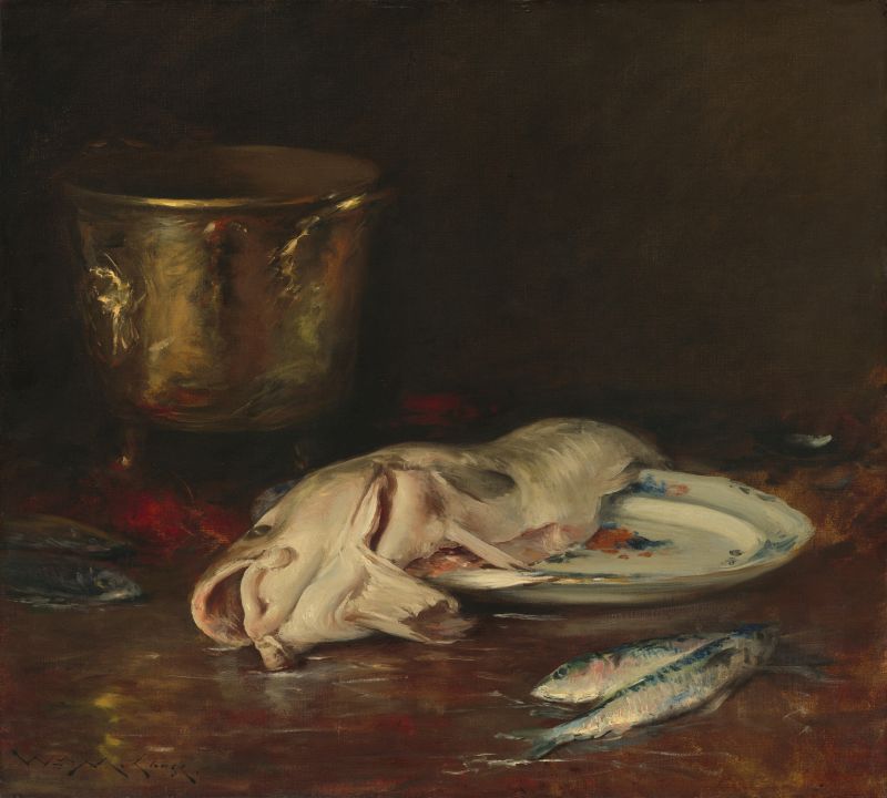 Still life painting with a skull, fish, and a metallic cup on a dark surface.