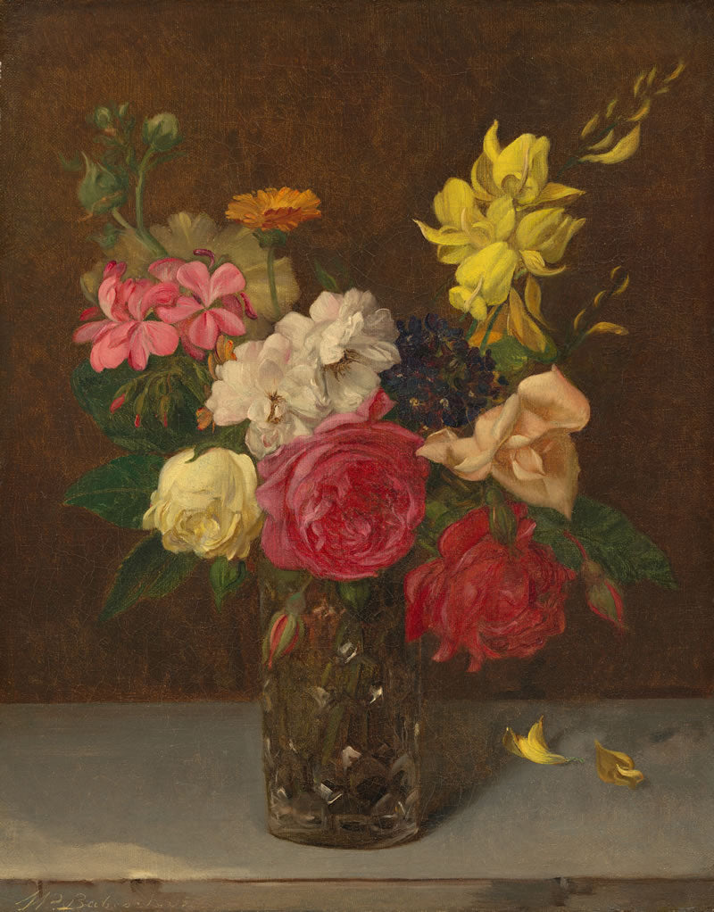 Still life painting of a vase with flowers on a table
