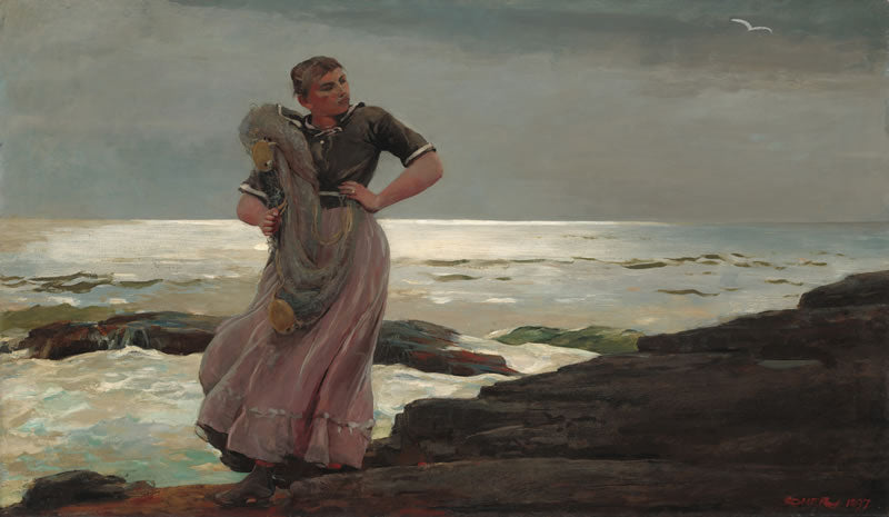 Painting of a woman standing on a rocky beach with a large fish, under a cloudy sky.