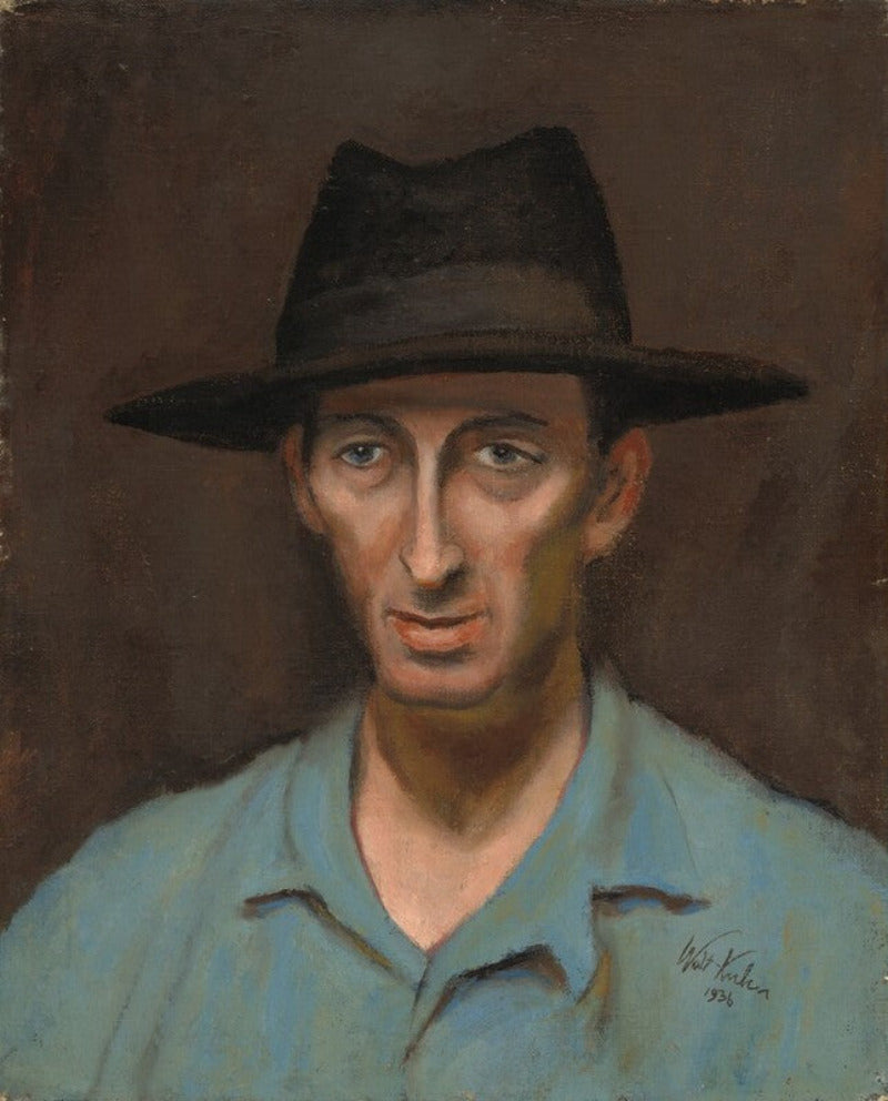 A painted portrait of a man wearing a dark wide-brim hat and a light blue collared shirt against a dark brown background.