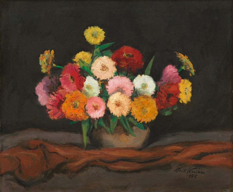 A still life oil painting of a vibrant flower bouquet in a brown pot, set against a dark charcoal background with draped brown fabric. The flowers are multicolored, including yellow, red, pink, orange, and white, with green leaves.