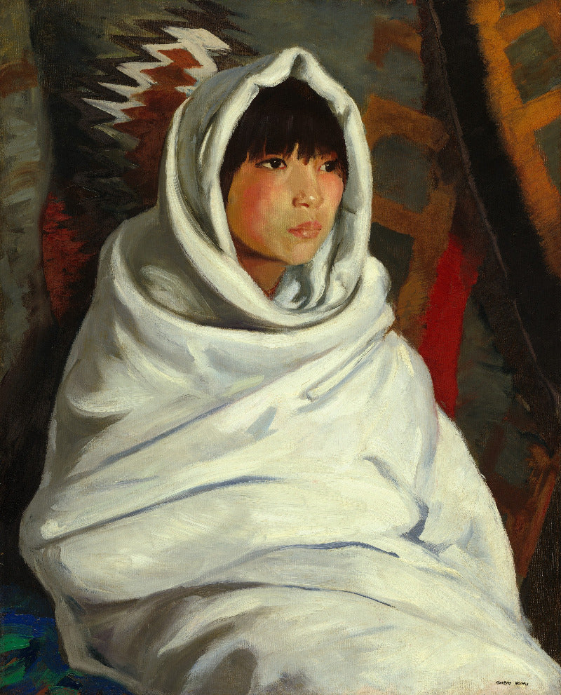 An oil painting portrait of a young child wrapped in a white hooded blanket, set against a dark, textured background with earthy tones.