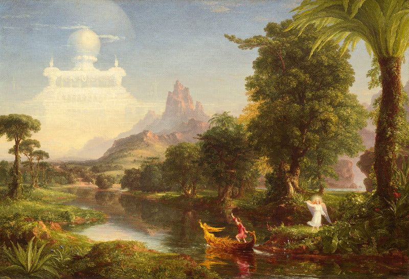 Landscape painting with figures by a river, featuring a temple-like structure in the distance.
