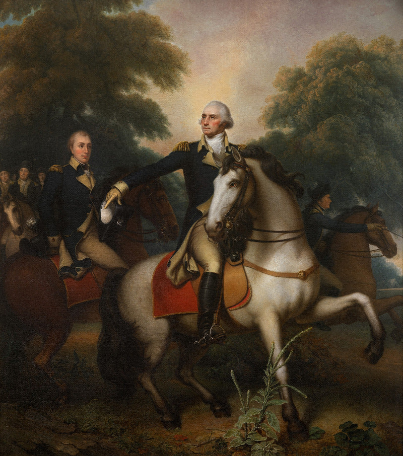A classical painted portrait of a white horse with a rider in a dark military coat, surrounded by other riders and trees in a forest scene.