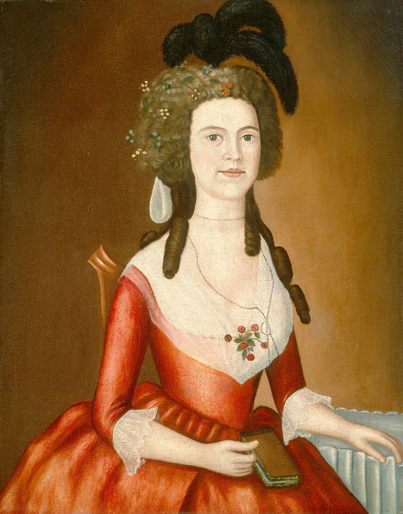 A historical-style portrait painting of a seated woman with dark hair in an elaborate updo, wearing a red dress with a white bodice and lace cuffs, against a warm brown background.