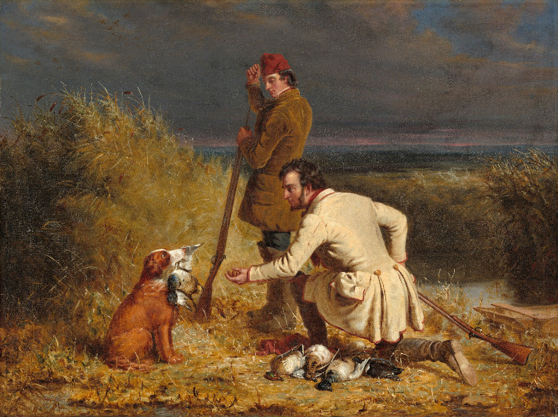 Painting of three men with a dog in a field, one holding a gun and two with game birds.