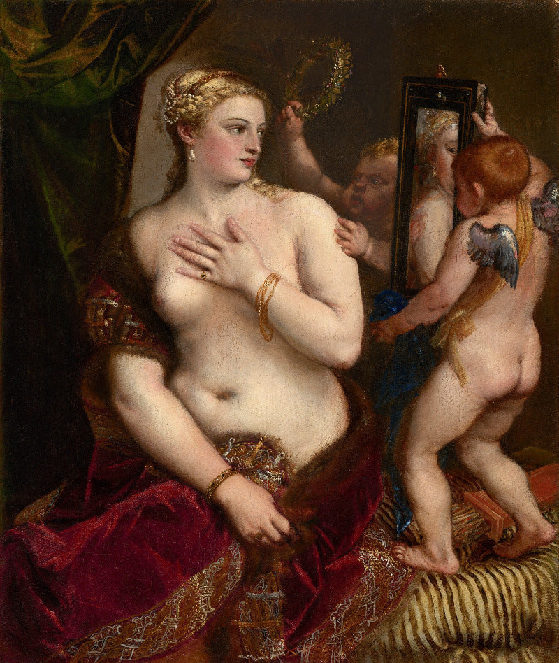 A classical oil painting depicting a semi-nude woman in a red draped garment, with two cherubs in the background one holding a mirror and the other touching her face. The artwork fills the entire frame.