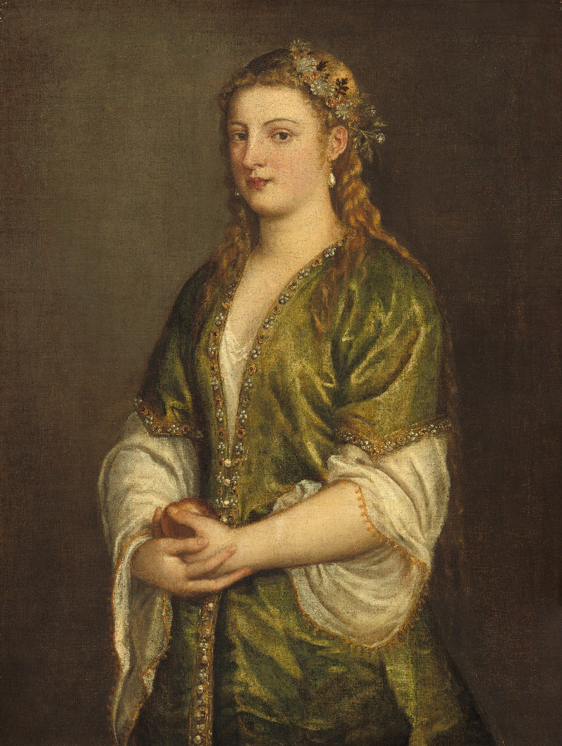 A classical oil painting portrait of a young woman with long light brown hair, wearing a green velvet dress with white sleeves and gold trim, set against a dark brown background.