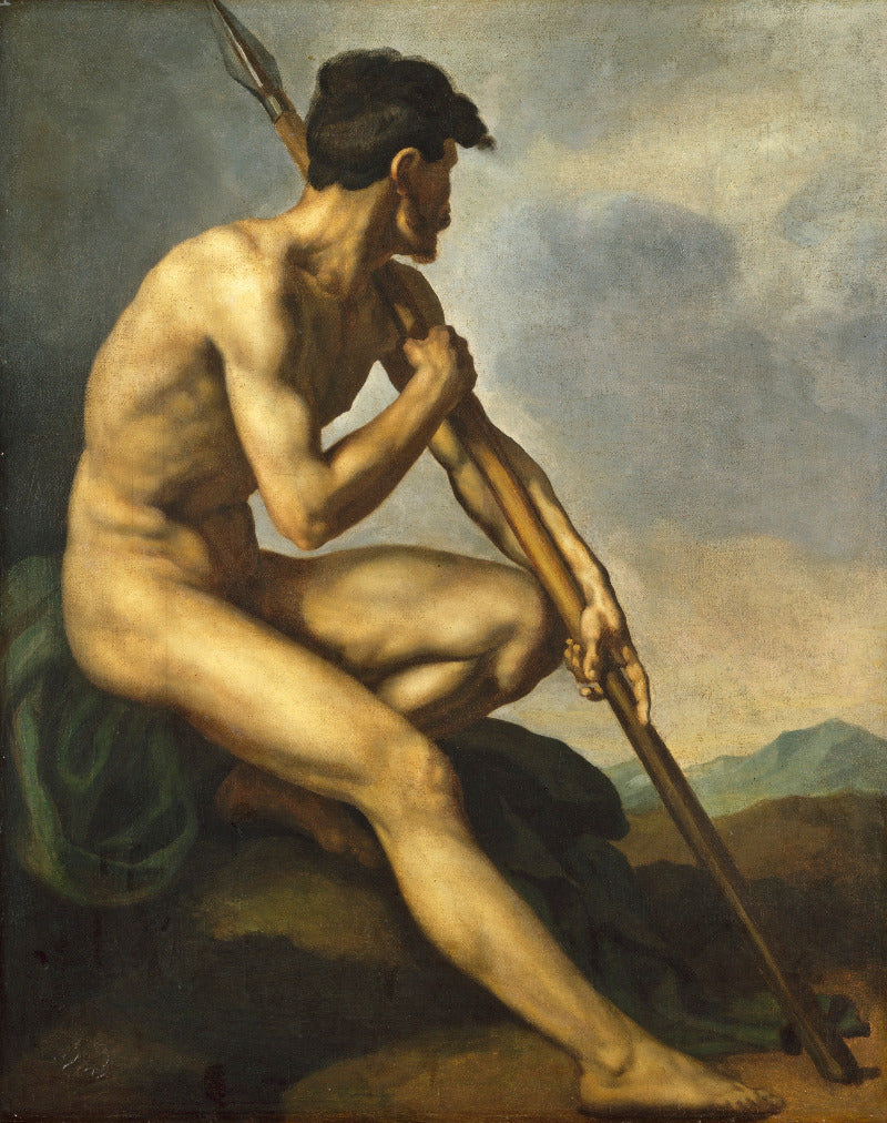 Nude man holding a spear against a mountainous landscape