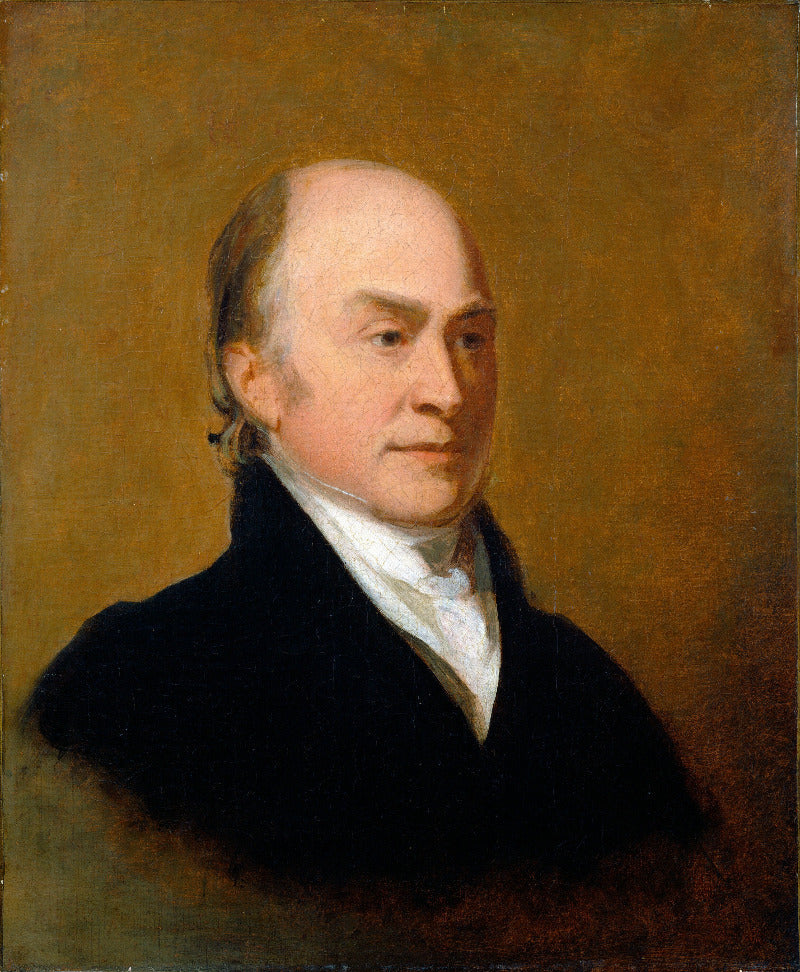 A classical oil portrait painting of a bald man with light hair, wearing a black coat and white cravat against a warm brown background.
