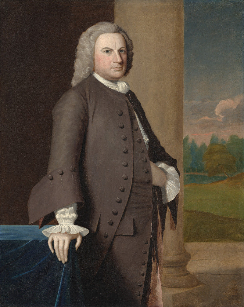 A formal portrait painting of a man in an 18th-century brown coat and white cravat, standing beside a column with a landscape scene visible in the background.