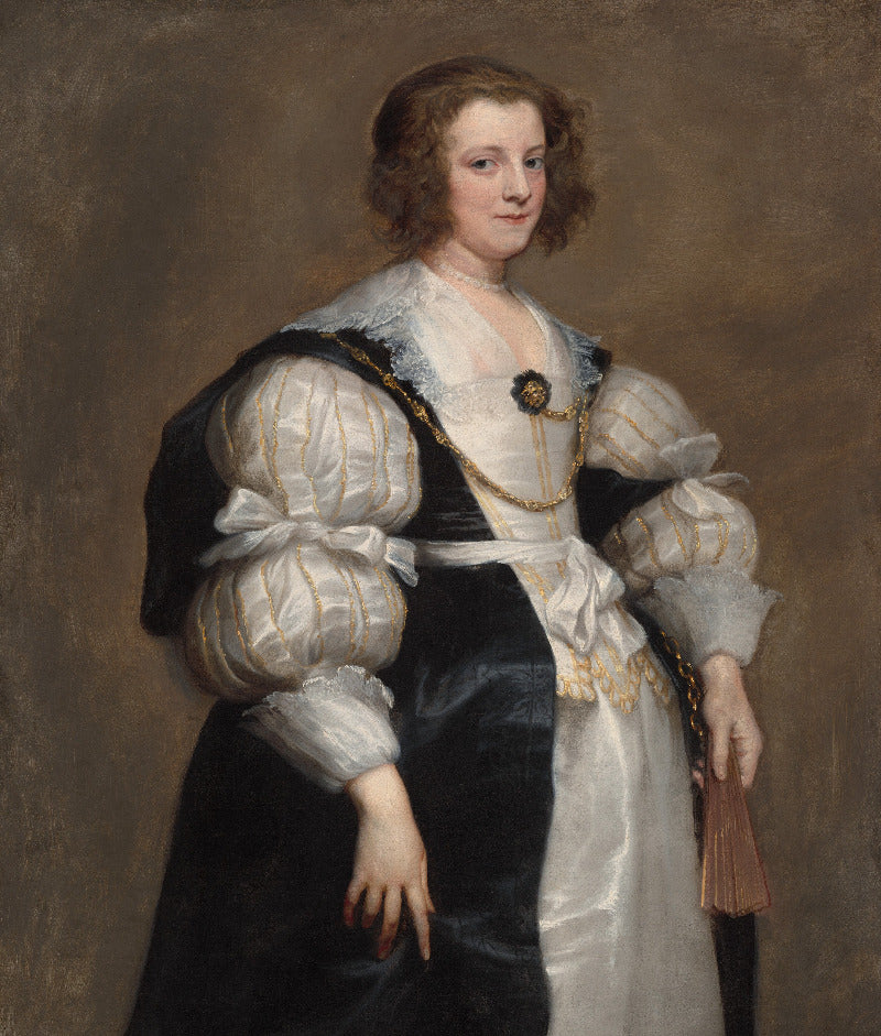A classical portrait painting of a woman in historical dress, shown from the waist up against a warm brown background. She wears a dark blue-black dress with a white apron, voluminous white puffed sleeves, a gold chain, and a feathered fan.