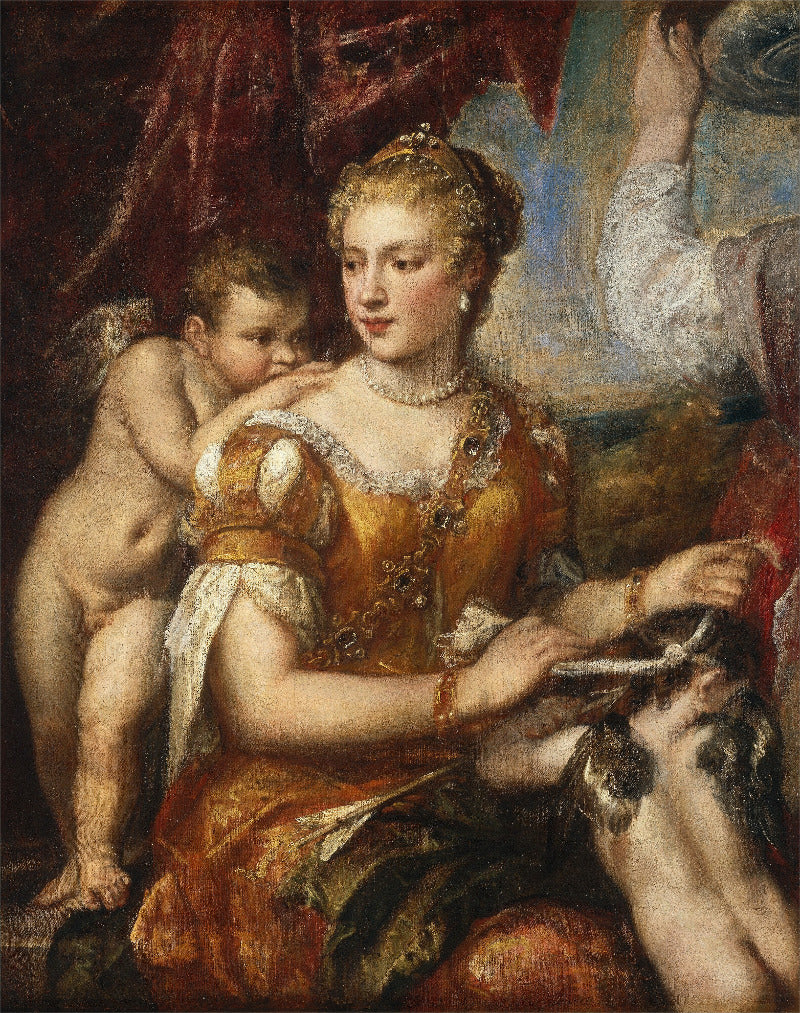 A classical oil painting reproduction depicting a seated woman in an ornate orange gown holding a dog, with a cherub beside her and part of another figure in the background.