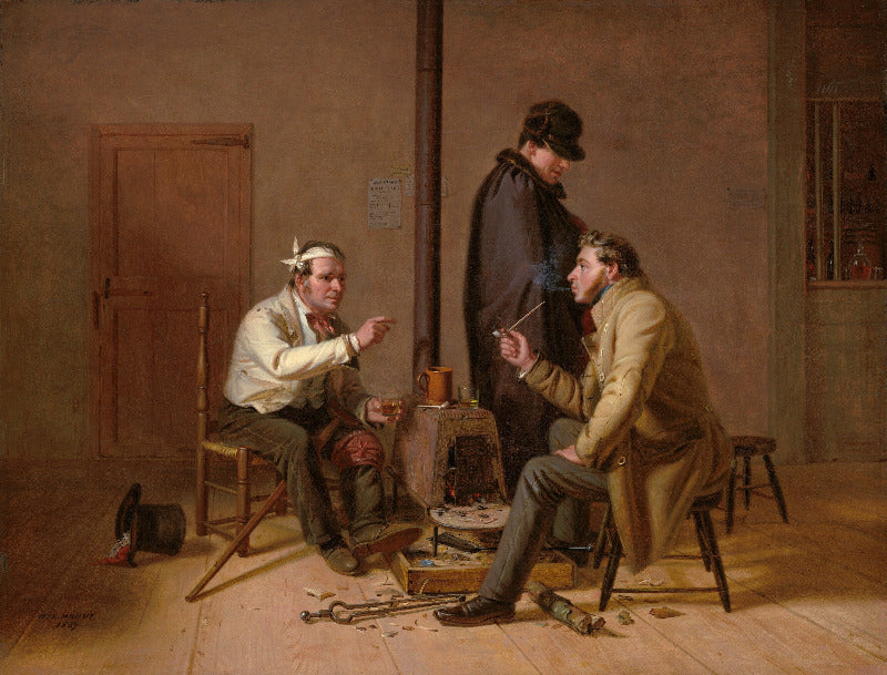 A classical oil painting depicting three men in a dimly lit room. One man sits on the left in a chair, smoking a pipe, while another seated man on the right holds a smoking pipe and looks upward.