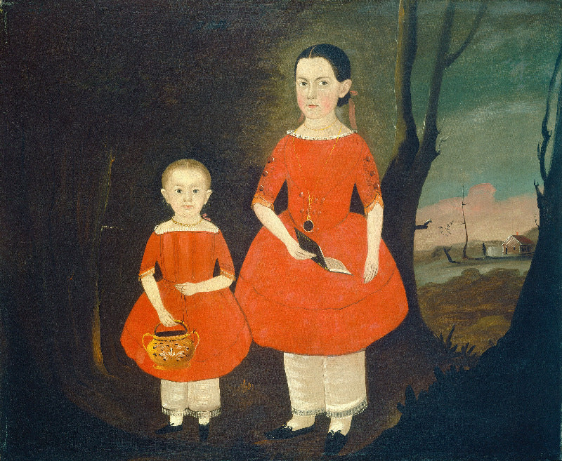 A painted portrait of a woman and child standing in a dark outdoor scene. The woman wears a bright red dress and white stockings, holding a knife, while the child wears a matching red dress and holds a basket.