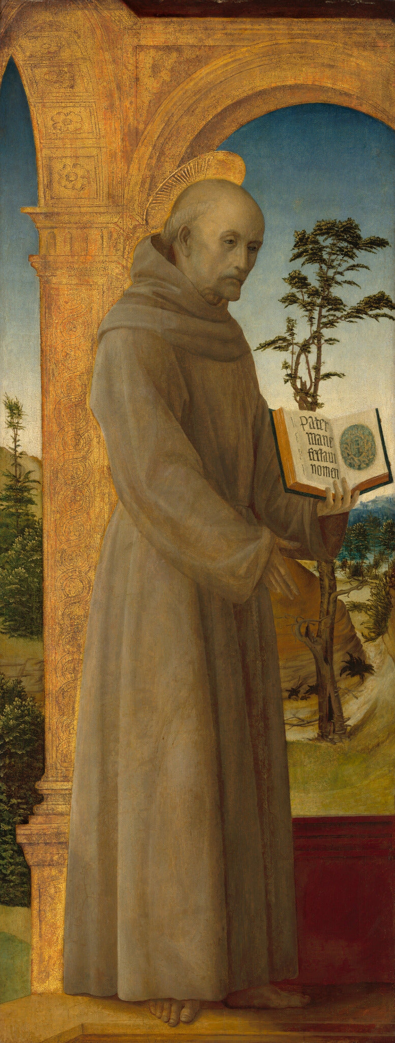 A close-up of a Renaissance-style painting showing a robed monk standing under an archway and holding an open book.