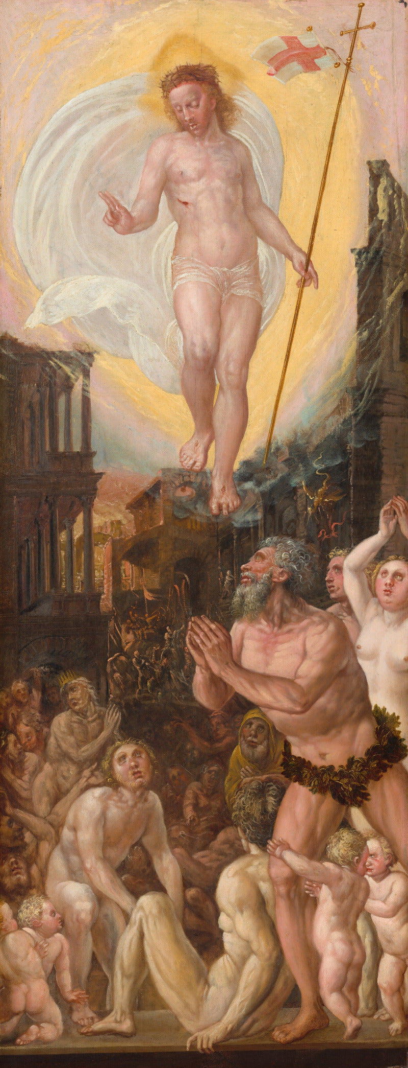 A classical religious painting depicting a winged angel floating above a crowd of nude and semi-nude figures in a ruined city scene, rendered in warm earth tones with a bright yellow halo and red accents.