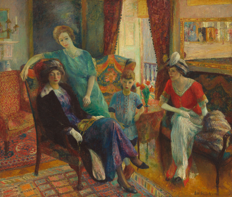 An impressionist-style painting depicting three women and a young child seated in a richly decorated interior room with red drapery, patterned rugs, upholstered furniture, and warm golden light from a window.