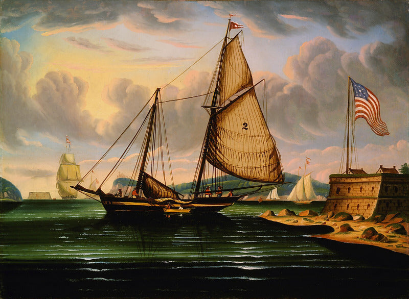 A historical maritime painting showing a large wooden sailing ship with tan sails in dark water, a fort with an American flag on the right, and other ships under a cloudy sky.