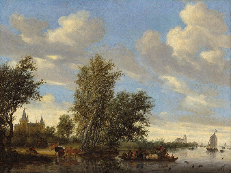 River landscape with trees, people, and boats under a cloudy sky.