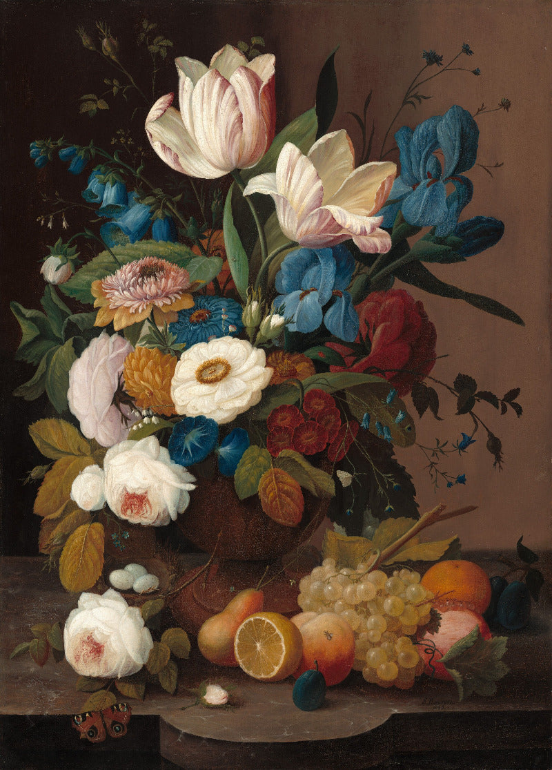 A classic still life oil painting depicting a vibrant flower bouquet in a dark brown vase, surrounded by fresh fruits including grapes, an orange, and pears, set against a dark brown background.