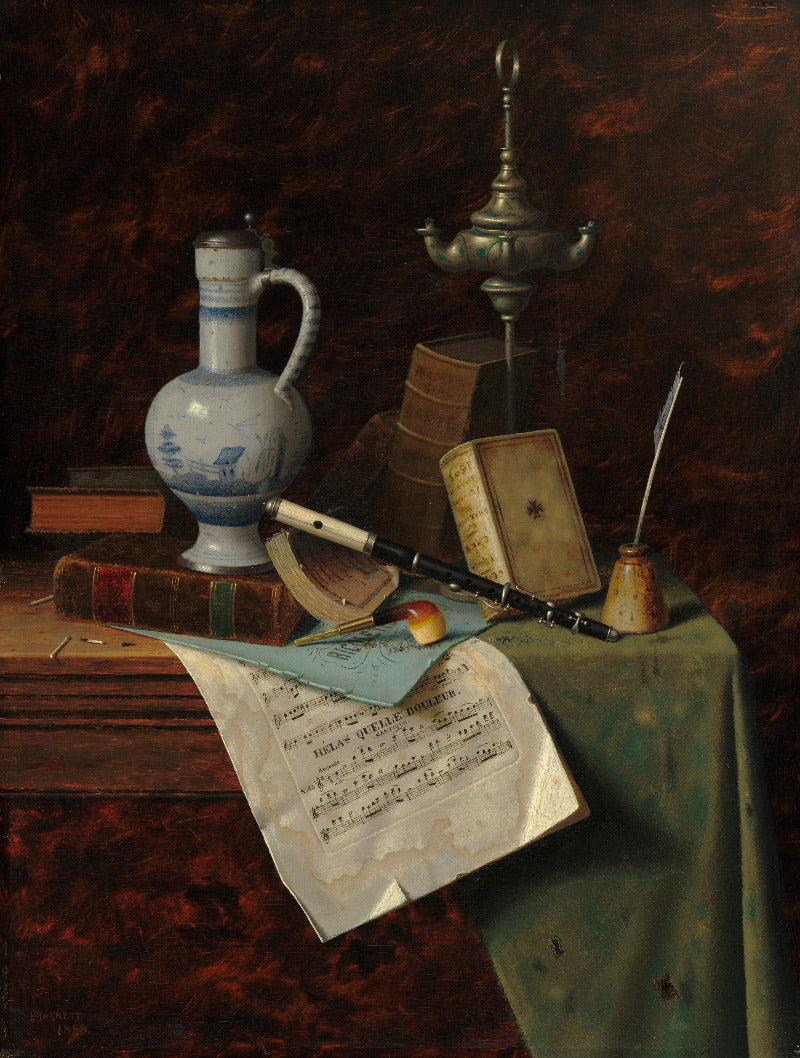A still life painting depicting a blue-and-white ceramic jug, stacked antique books, an open manuscript with musical notation, a black flute or horn, a small candle holder, and a green cloth-covered table against a dark brown background.