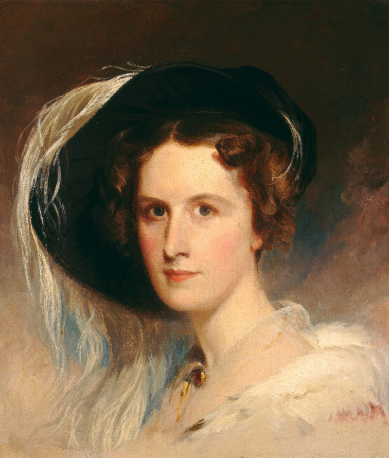A classical portrait painting of a woman in profile wearing a large dark hat with white feather-like accents and a white feathered collar, against a dark brown painterly background.