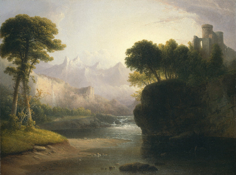 A classical landscape painting depicting a river flowing through a valley, with trees, distant mountains, rocky cliffs, and a castle on the right bank under a soft glowing sky.