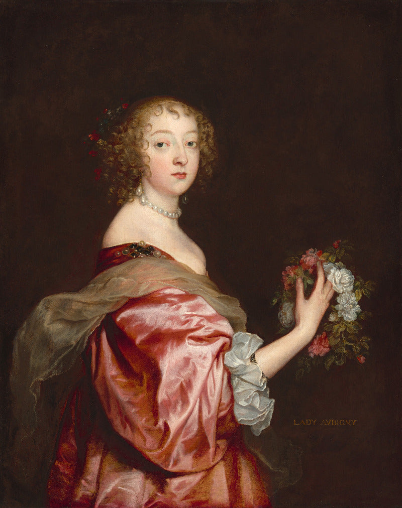A classical portrait painting of a young woman in a rich red satin gown with a sheer taupe shawl, holding a bouquet of pink and white flowers against a dark brown background.
