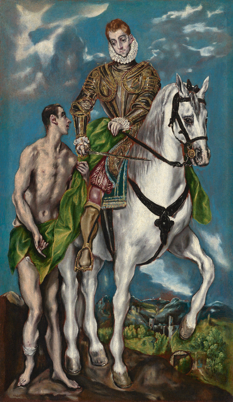 Painting of a man on horseback with another man, set against a blue sky with clouds.
