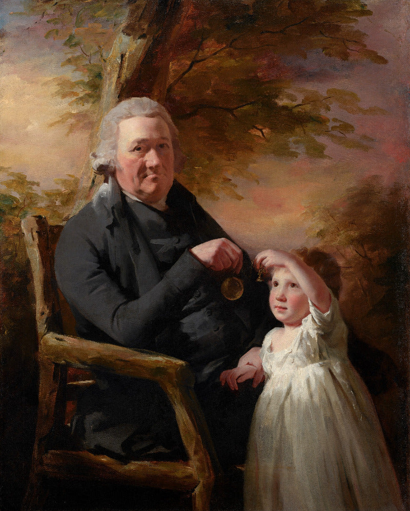 A classical oil portrait painting of an elderly man in a dark coat seated in a wooden chair beside a young child in a white dress, set against a warm-toned tree and sky background.