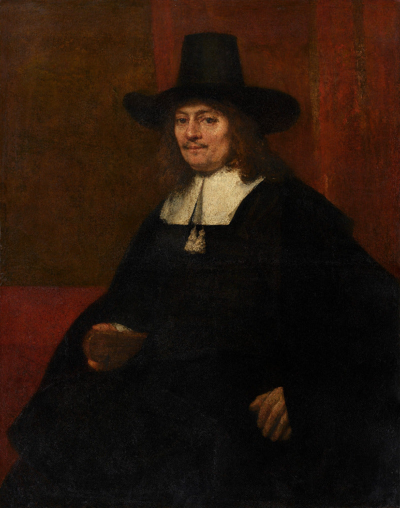 A classical portrait painting of a man in a black hat and dark robe with a white collar, seated against a warm red-brown background.