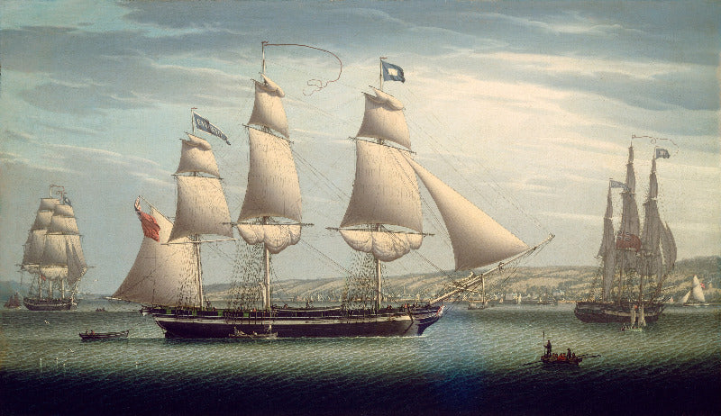 A historical maritime painting showing a large three-masted sailing ship with white sails in the center, surrounded by other ships on blue water under a cloudy sky.