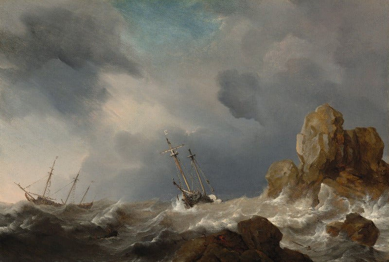 Painting of a ship in distress amidst rough seas and rocks
