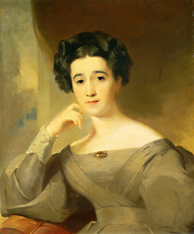 A classical oil painting portrait of a young woman with dark hair, wearing a gray dress, set against a warm brown and gold background.