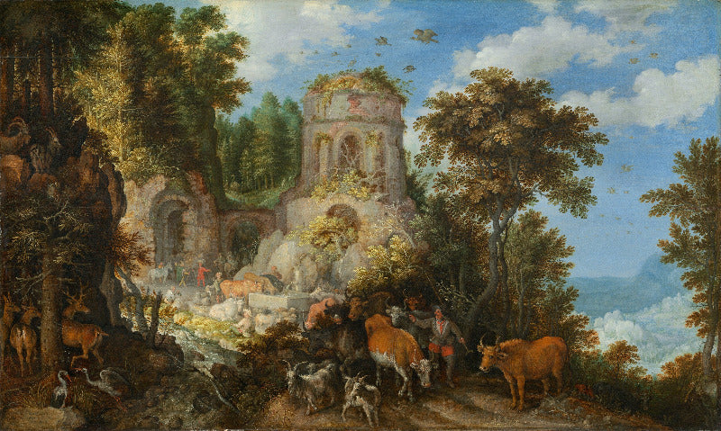 Rustic landscape with ruins, trees, and people with animals under a blue sky.