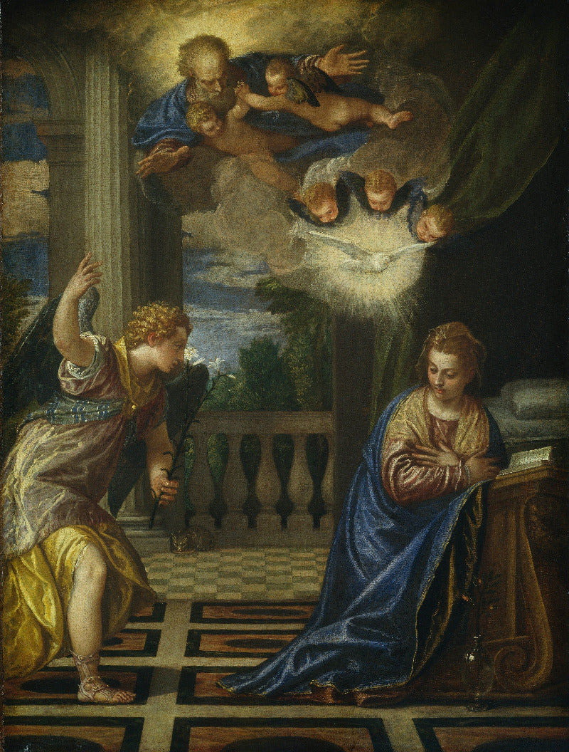 A classical religious painting depicting a kneeling figure in a yellow and brown robe pointing upward toward a cloud of angels with a dove, while a woman in a deep blue cloak sits at a table on a checkered floor.