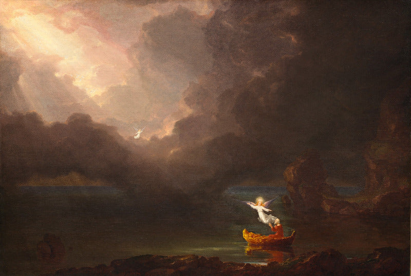Painting of a person in a boat on a stormy sea with a bright light in the sky.