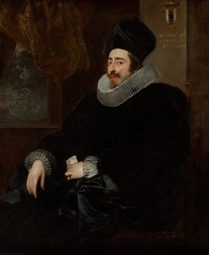 A classical portrait painting of a man in a black robe with a large white ruff collar, seated in a dark interior with draped fabric and a painted backdrop.