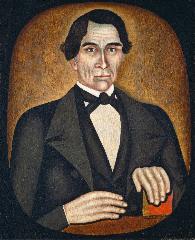 Portrait of a man in formal attire holding a red box against a brown oval background