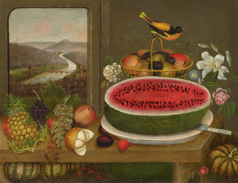 Still life painting with watermelon, fruits, and a bird on a basket.