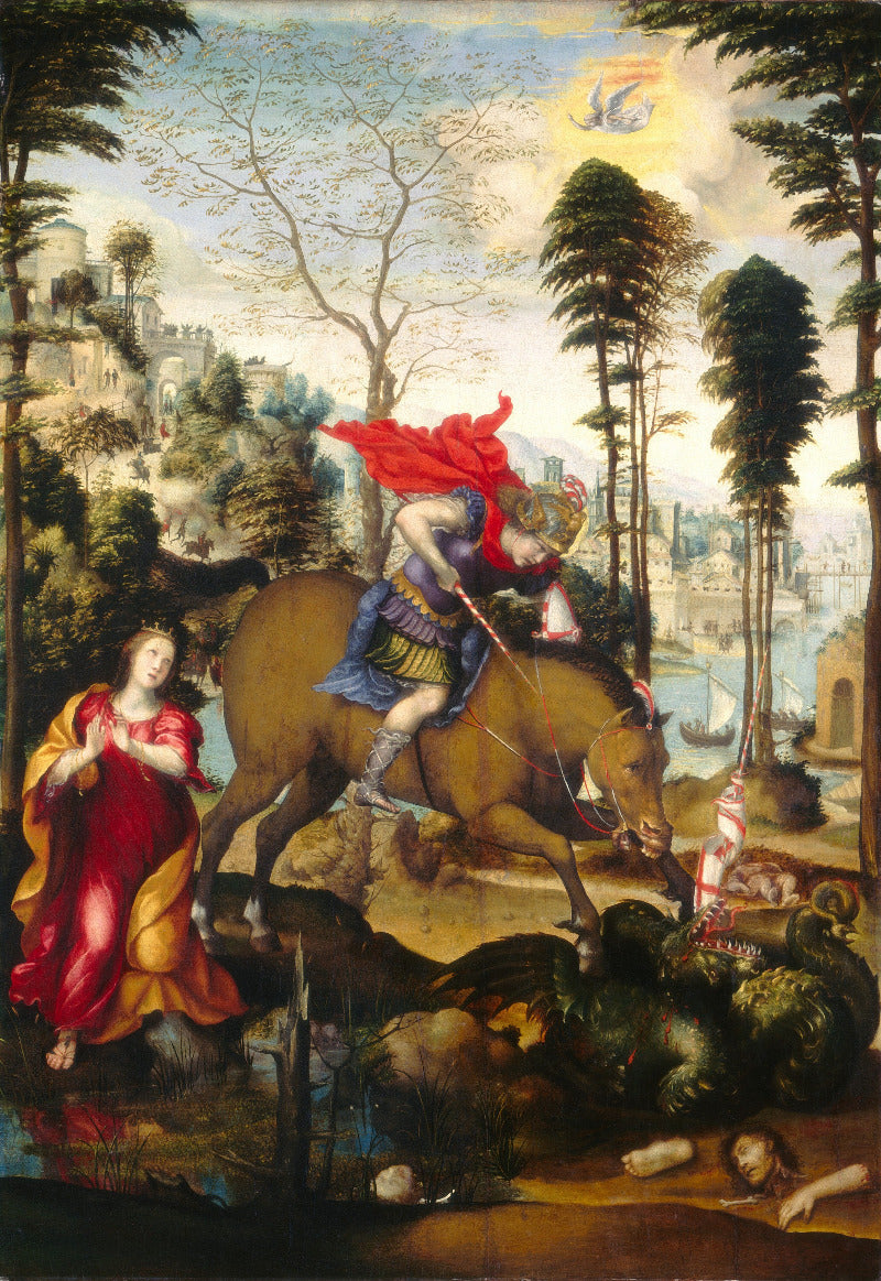 Painting of a warrior on a horse with a woman and landscape