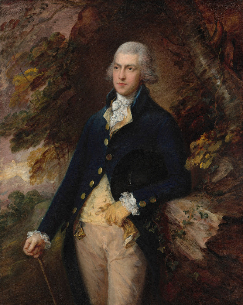 A classic oil portrait painting of a man in 18th-century attire, wearing a dark blue coat, light-colored waistcoat, and white cravat, set against a dark, foliage-rich background.